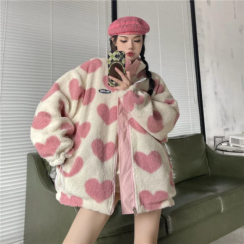 Fashionkova datenight fall outfits High Street Autumn and Winter Love Lamb Wool Velvet Coat Men and Women Niche Couple Wear Stand Collar Cotton-Padded Coat Two-Sided Cotton-Padded Coat