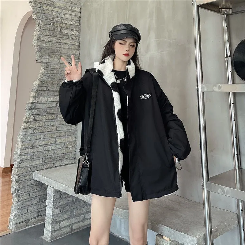 Fashionkova datenight fall outfits High Street Autumn and Winter Love Lamb Wool Velvet Coat Men and Women Niche Couple Wear Stand Collar Cotton-Padded Coat Two-Sided Cotton-Padded Coat