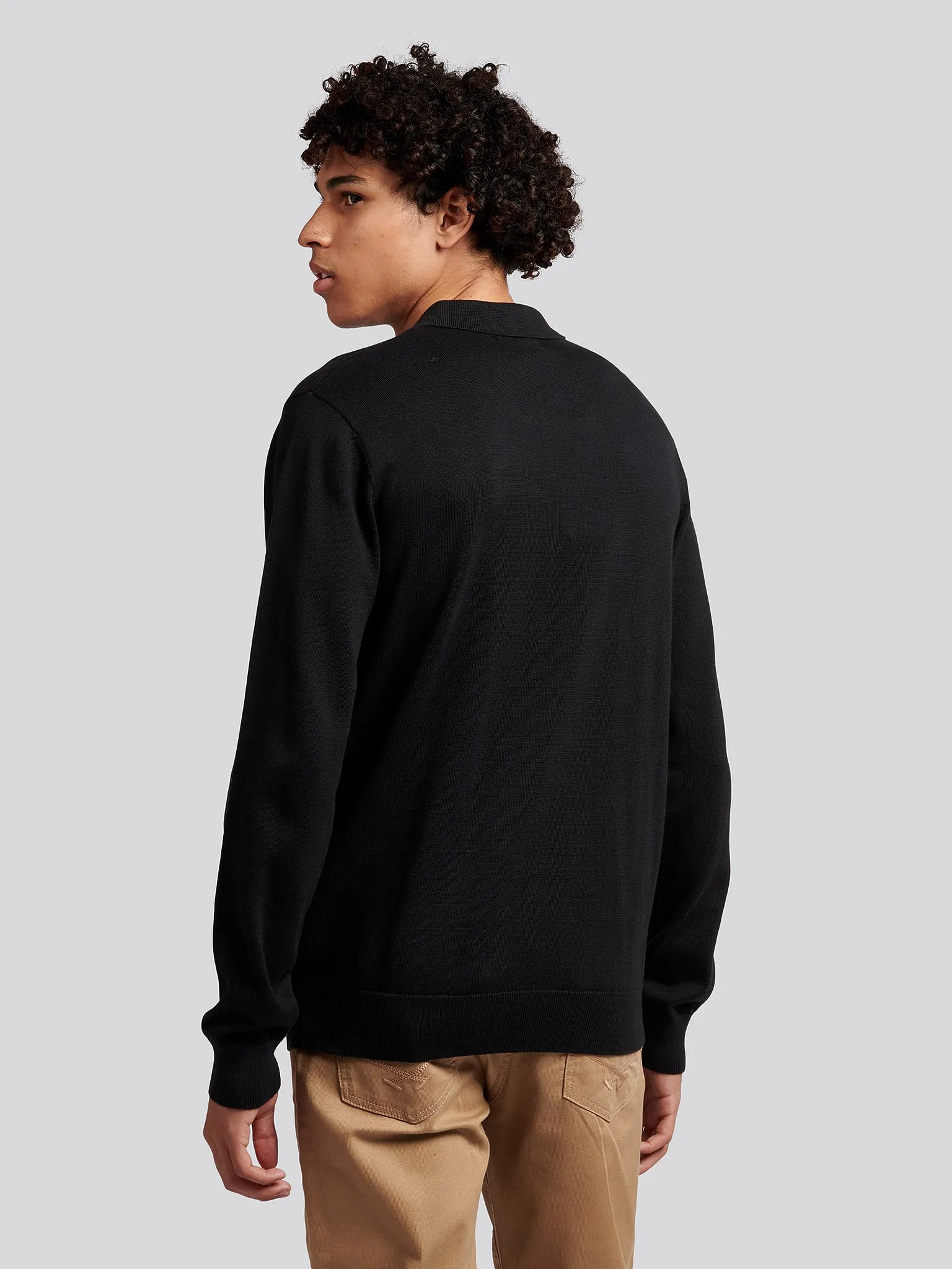 Mens Long Sleeve Knitted Polo Shirt in Black
