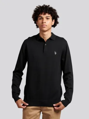 Mens Long Sleeve Knitted Polo Shirt in Black