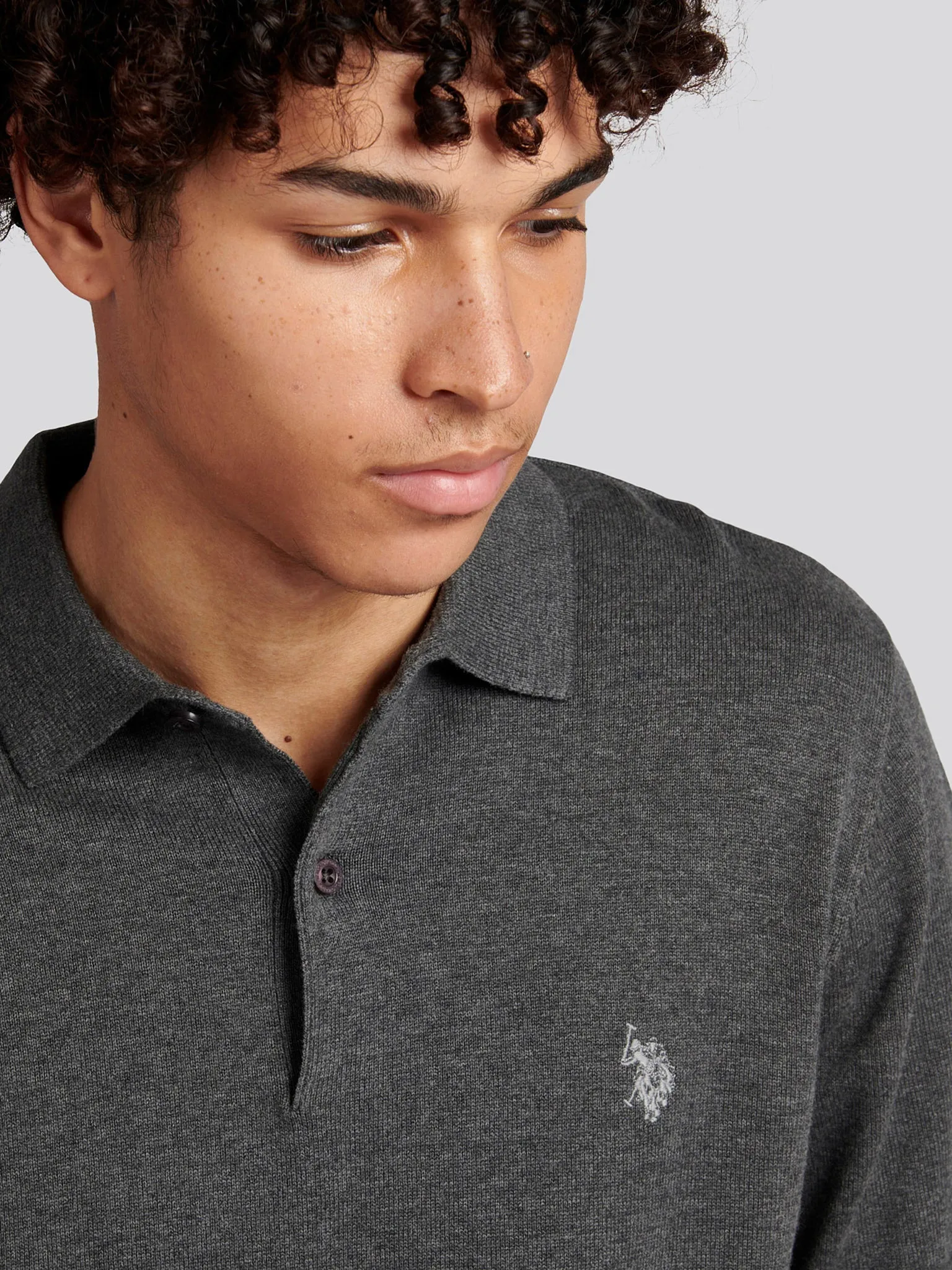 Mens Long Sleeve Knitted Polo Shirt in Charcoal Grey Marl