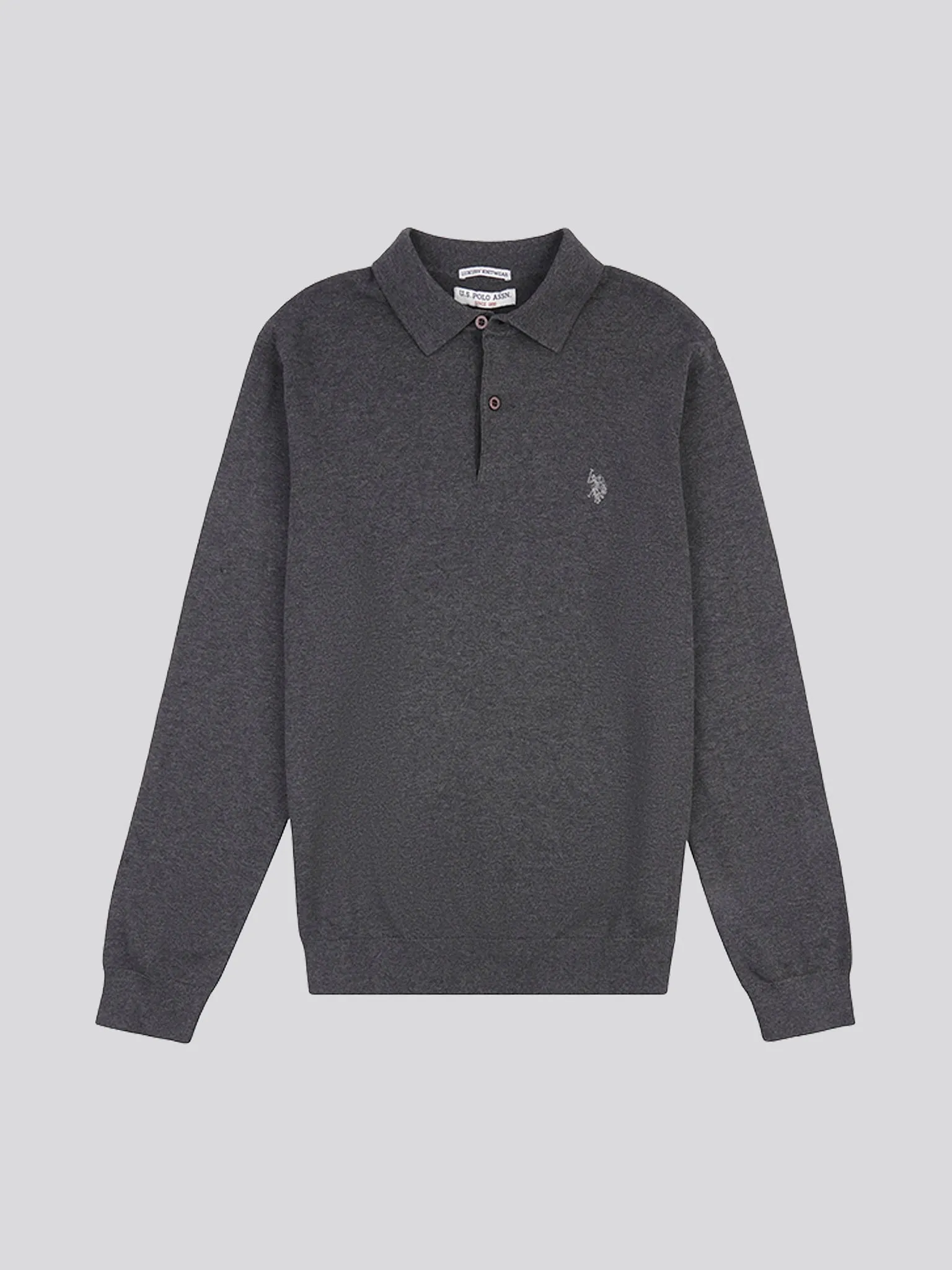 Mens Long Sleeve Knitted Polo Shirt in Charcoal Grey Marl