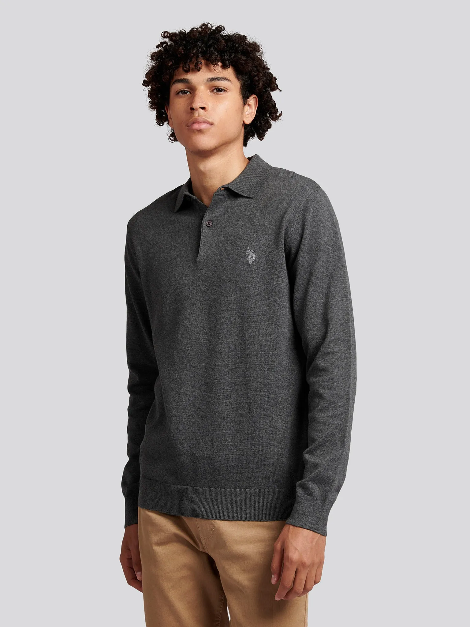 Mens Long Sleeve Knitted Polo Shirt in Charcoal Grey Marl