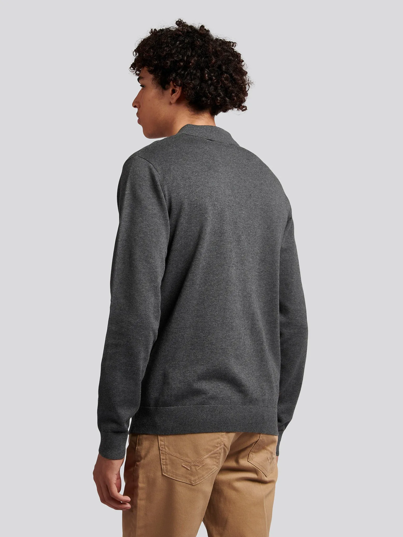 Mens Long Sleeve Knitted Polo Shirt in Charcoal Grey Marl